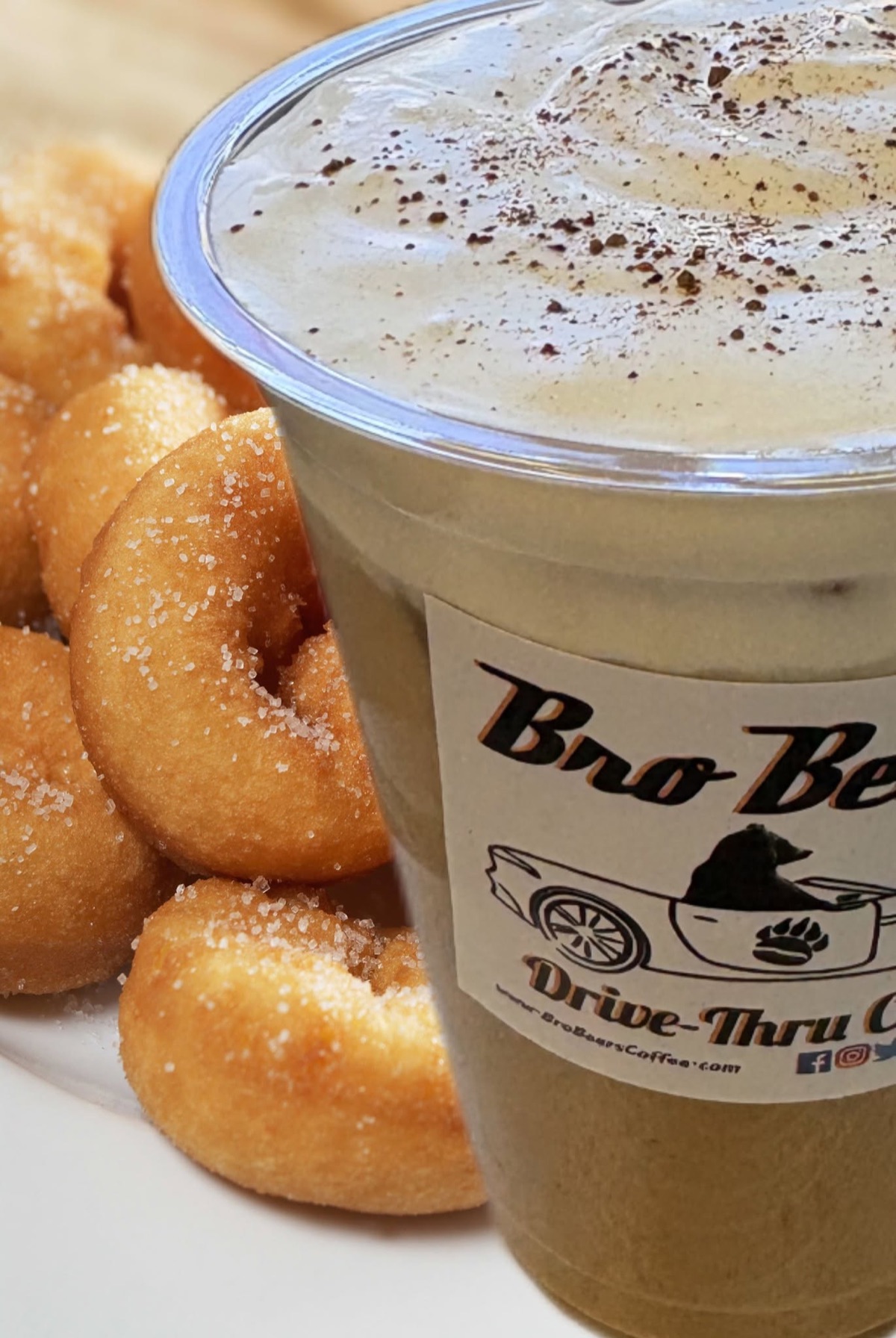 Bro Bears iced latte styled with cinnamon-sugar donuts