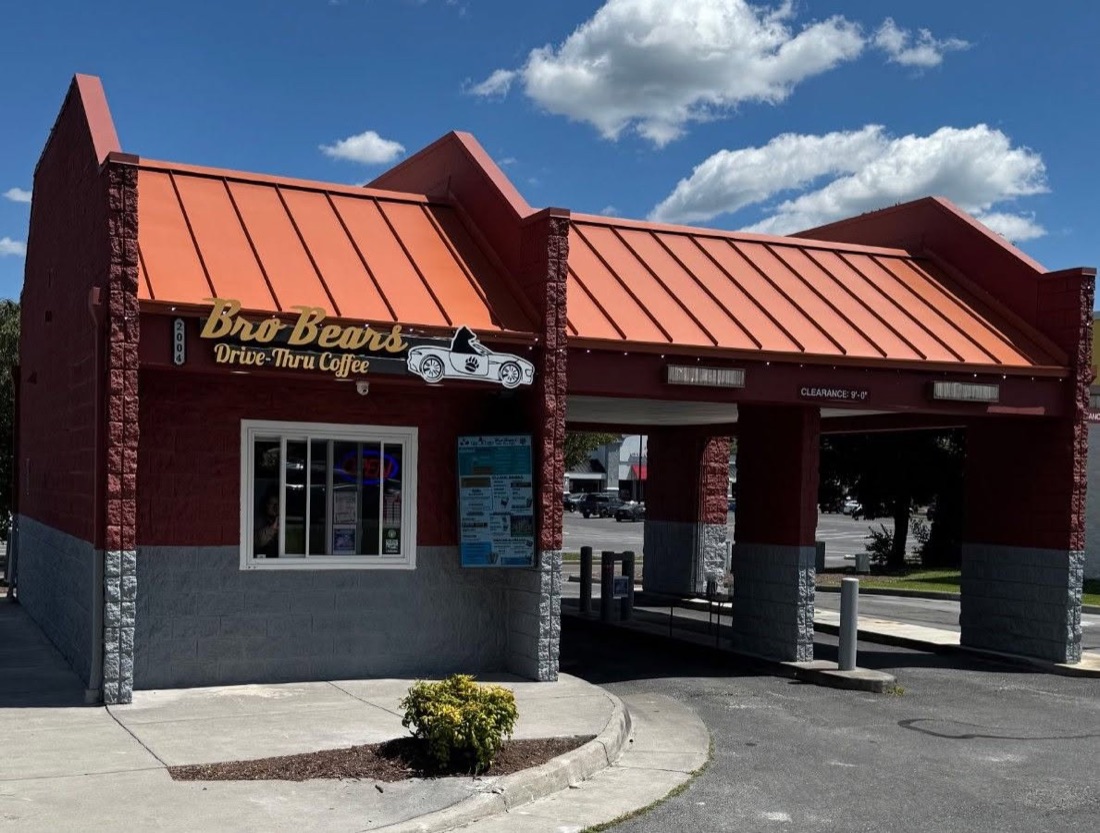 A Bro Bears drive-thru building viewed from the parking lot