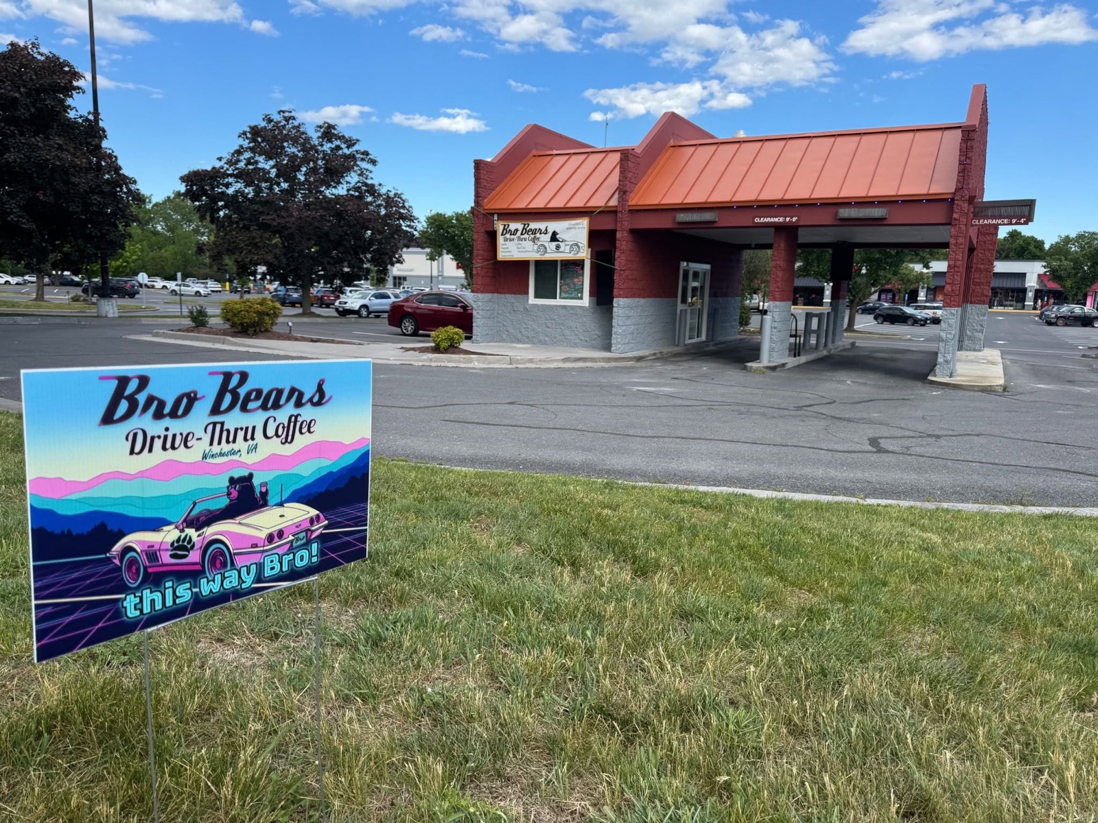Bro Bears storefront with the roadside banner sign in the foreground